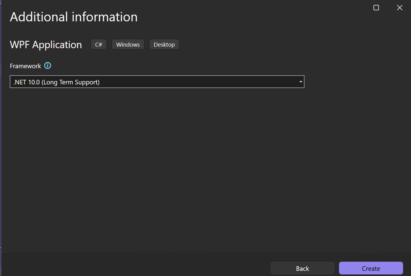 Captura de pantalla que muestra la ventana Información adicional con .NET 10.0 seleccionado como marco de destino para el nuevo proyecto.
