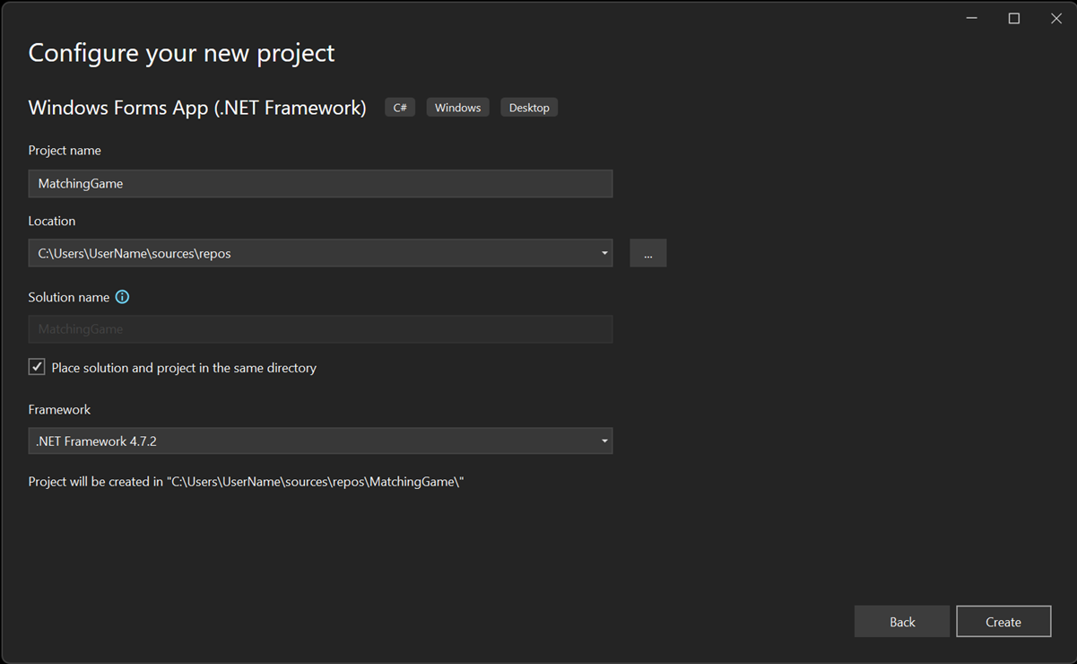 Captura de pantalla de la ventana Configurar el nuevo proyecto en Visual Studio 2022.