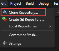 Captura de pantalla del menú Git en Visual Studio con clonar repositorio seleccionado.