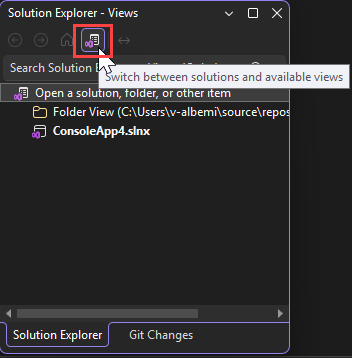 Captura de pantalla de un proyecto de C# en Git que está abierto en el Explorador de soluciones.