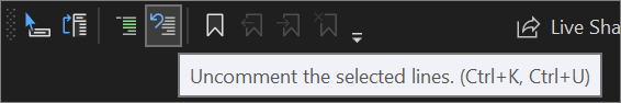 Captura de pantalla del botón Quitar comentario de la barra de herramientas del Editor de texto en Visual Studio 2022.