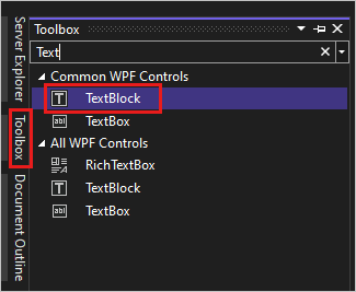 Captura de pantalla que muestra la ventana Cuadro de herramientas en Visual Studio 2022 con el control TextBlock resaltado en la lista de los Controles comunes de WPF.