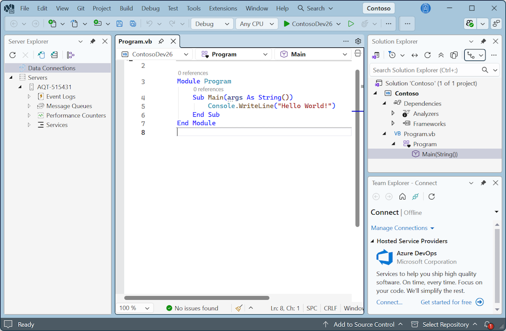 Captura de pantalla que muestra Visual Studio en el tema Cool Breeze.