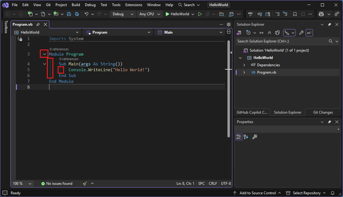 Screenshot que muestra el IDE de Visual Studio con cuadros rojos.