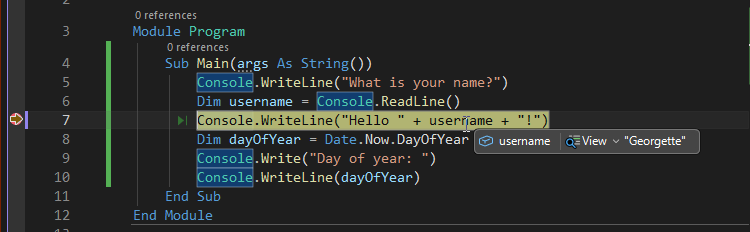 Captura de pantalla que muestra el valor de una variable durante la depuración en Visual Studio.