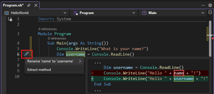 Screenshot que muestra la acción Cambiar nombre en Visual Studio.