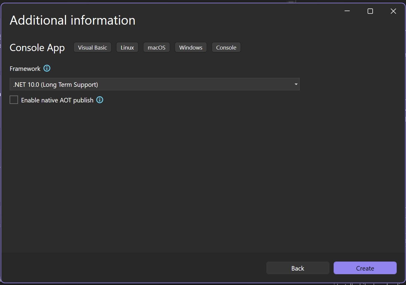 Captura de pantalla que muestra la ventana Información adicional en Visual Studio con .NET 10.0 seleccionado como marco de destino para el nuevo proyecto.