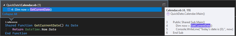 Screenshot que muestra CodeLens en Visual Studio 2022.