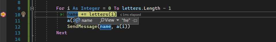 Captura de pantalla que muestra la ejecución de depuración detenida en el editor de código con la variable name resaltada y una sugerencia de datos que muestra el valor.