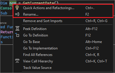 Captura de pantalla del menú Refactorización en Visual Studio 2022.