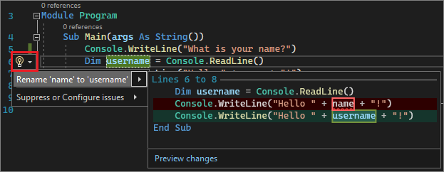 Screenshot que muestra la acción Cambiar nombre en Visual Studio 2022.
