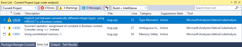 Captura de pantalla de la lista de errores de Visual Studio con advertencias.