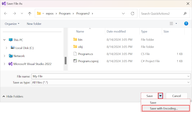 Captura de pantalla que muestra cómo seleccionar la opción para guardar un archivo con codificación en Visual Studio.
