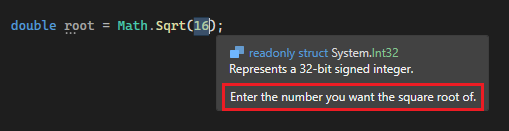 Captura de pantalla del tooltip del parámetro de sustitución de fragmentos de código en Visual Studio.