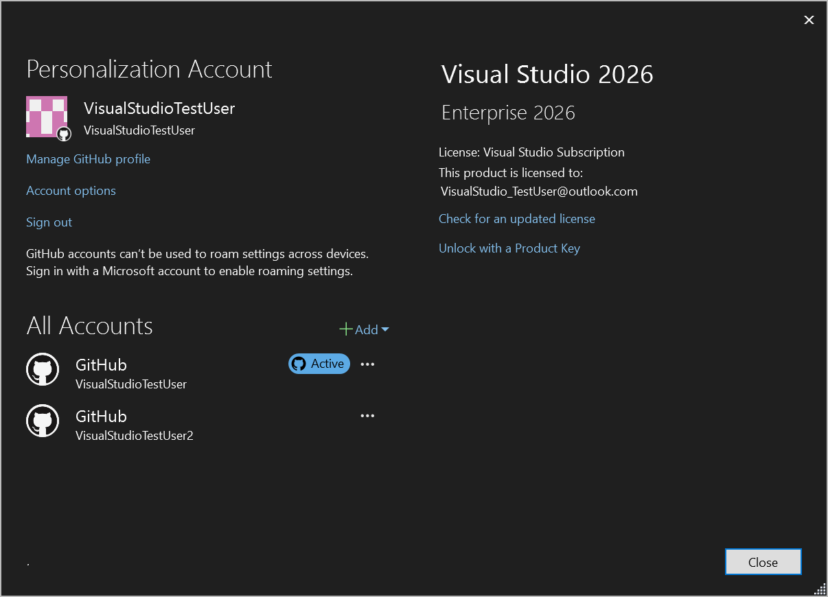 Captura de pantalla que muestra varias cuentas de GitHub en el cuadro de diálogo Configuración de la cuenta.