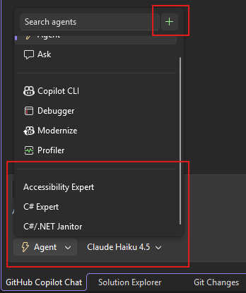 Screenshot que muestra el selector de agentes con agentes personalizados en Visual Studio.