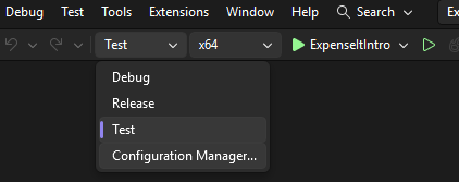 Captura de pantalla de la lista desplegable Configuraciones de solución en la barra de herramientas Estándar.