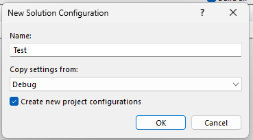 Captura de pantalla que muestra la creación de una configuración de prueba en el cuadro de diálogo Nueva configuración de la solución.