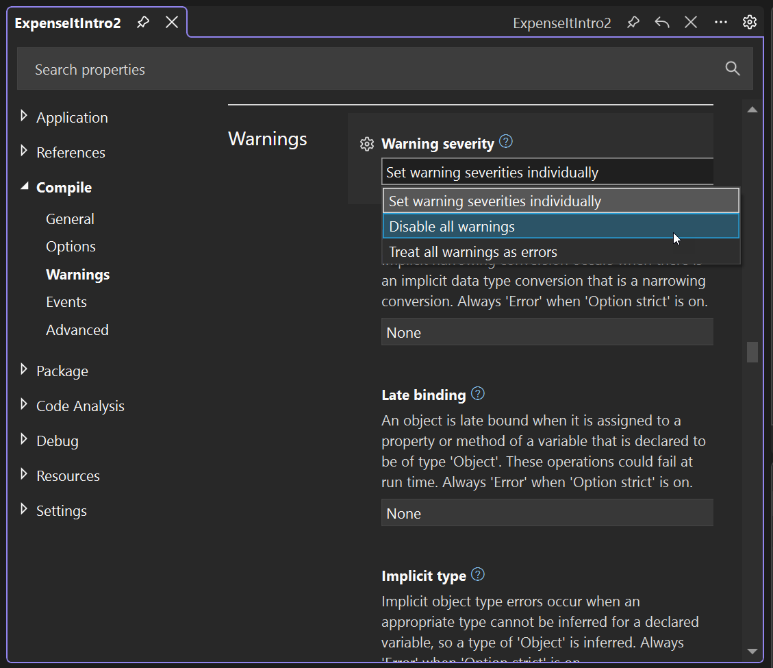Captura de pantalla de la deshabilitación de advertencias en la pestaña Compilar del Diseñador de proyectos.