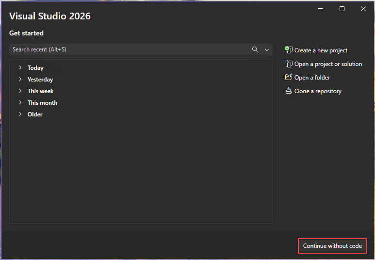Captura de pantalla de la ventana Inicio con la opción Continuar sin código seleccionada.