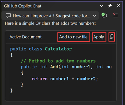 Captura de pantalla de las opciones para copiar el bloque de código, insertar código en el nuevo archivo o insertar código en el archivo actual.
