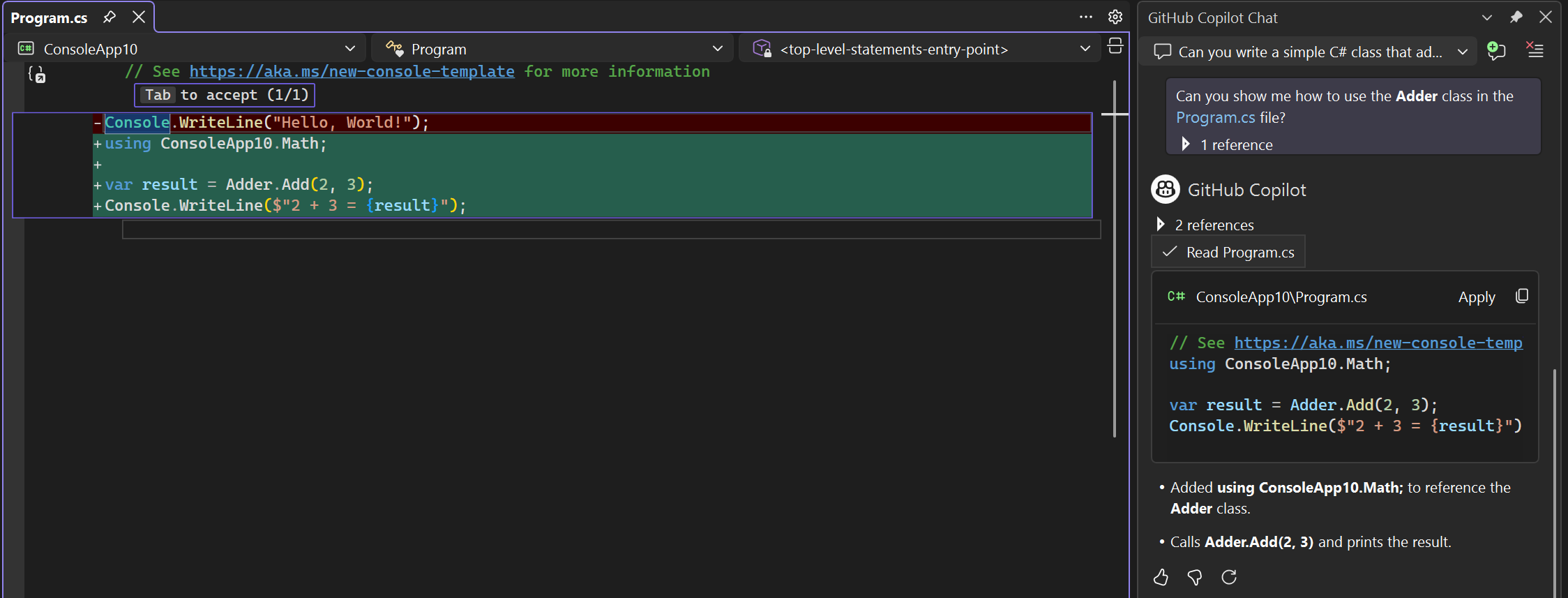 Captura de pantalla de sugerencias de código en la vista de diferencias en la ventana del editor.