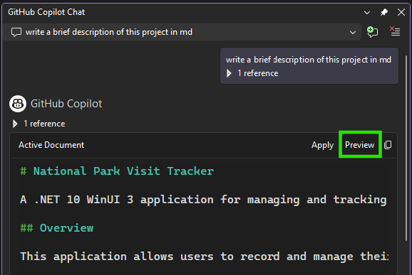 Captura de pantalla del botón Vista previa de la ventana Chat de Copilot para el contenido de Markdown.