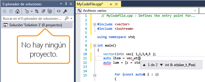 IntelliSense de un solo archivo de Visual C++