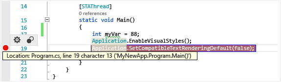 Captura de pantalla de un punto de interrupción de Visual Studio.