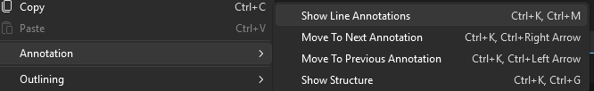 Captura de pantalla del elemento de menú Mostrar anotaciones de línea.