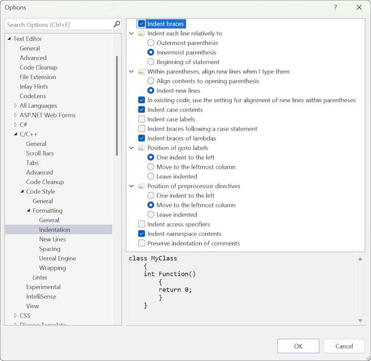 Captura de pantalla de la configuración formato de sangría para el lenguaje C/C++ con una configuración seleccionada que se muestra en el panel Vista previa.