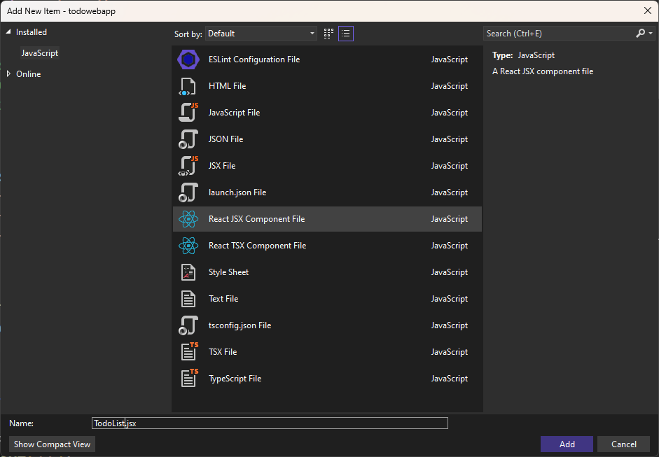 Captura de pantalla que muestra cómo agregar un componente JSX.