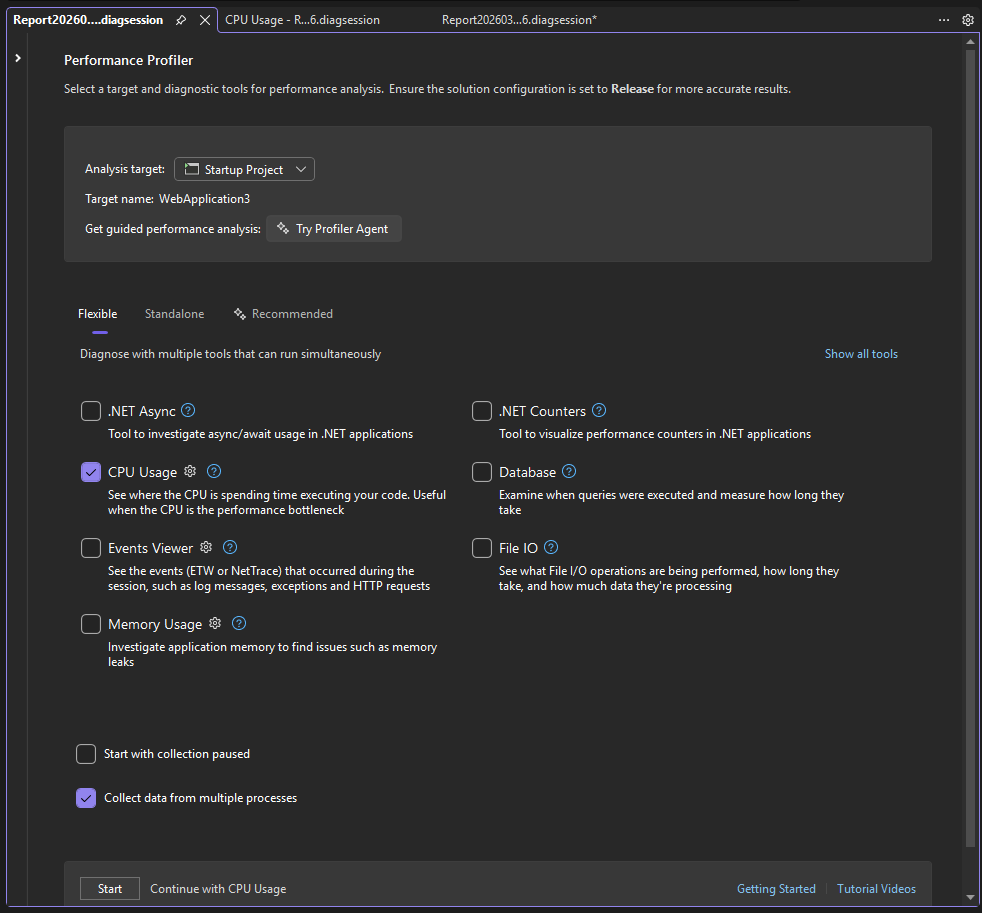 Captura de pantalla que muestra la selección de datos de varios procesos.