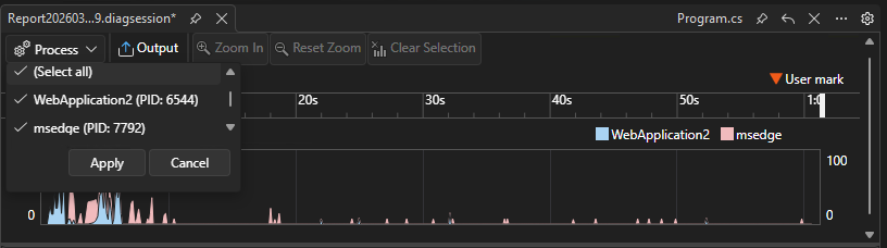 Captura de pantalla que muestra el filtro de varios procesos.