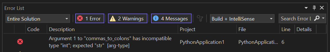 Captura de pantalla que muestra el resultado de ejemplo de las sugerencias de tipo de validación de Mypy.