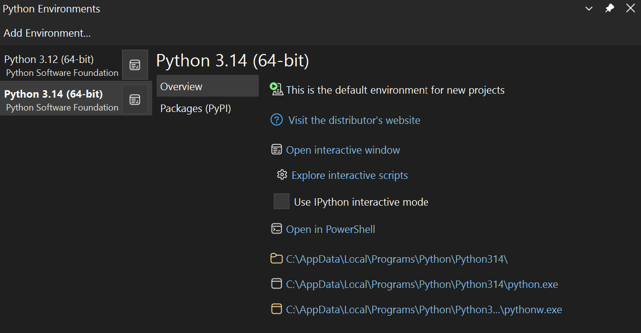Captura de pantalla de la ventana de los Entornos de Python expandidos.