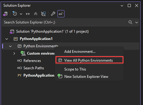 Captura de pantalla que muestra cómo abrir la ventana Entornos de Python con el botón derecho en Visual Studio.
