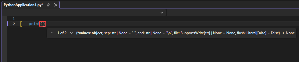 Captura de pantalla que muestra las opciones de autocompletar de IntelliSense para la función de impresión en el editor de Visual Studio.