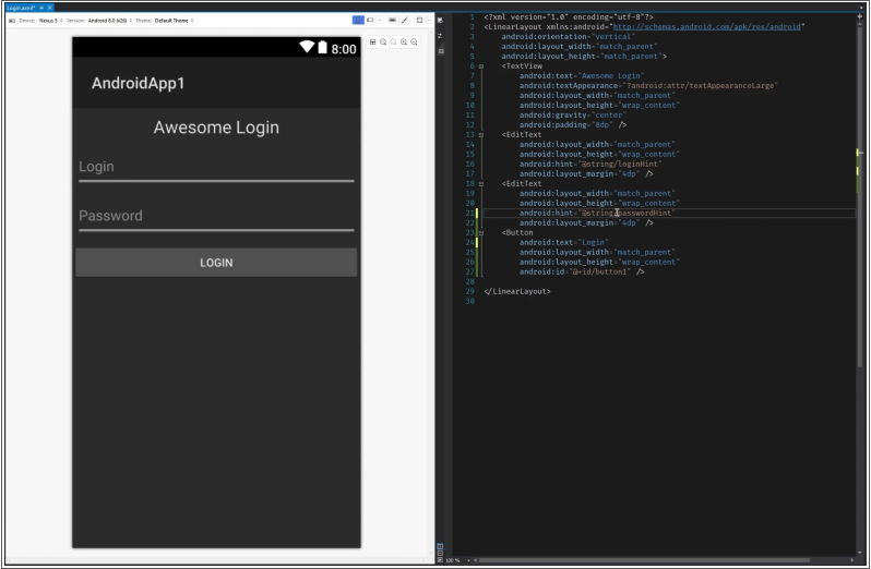 Captura de pantalla del editor de vistas divididas de Xamarin.Android.