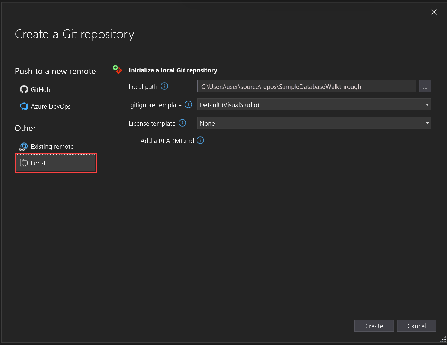 Captura de pantalla de la pantalla Crear repositorio de Git, en la que se muestra la opción Local.