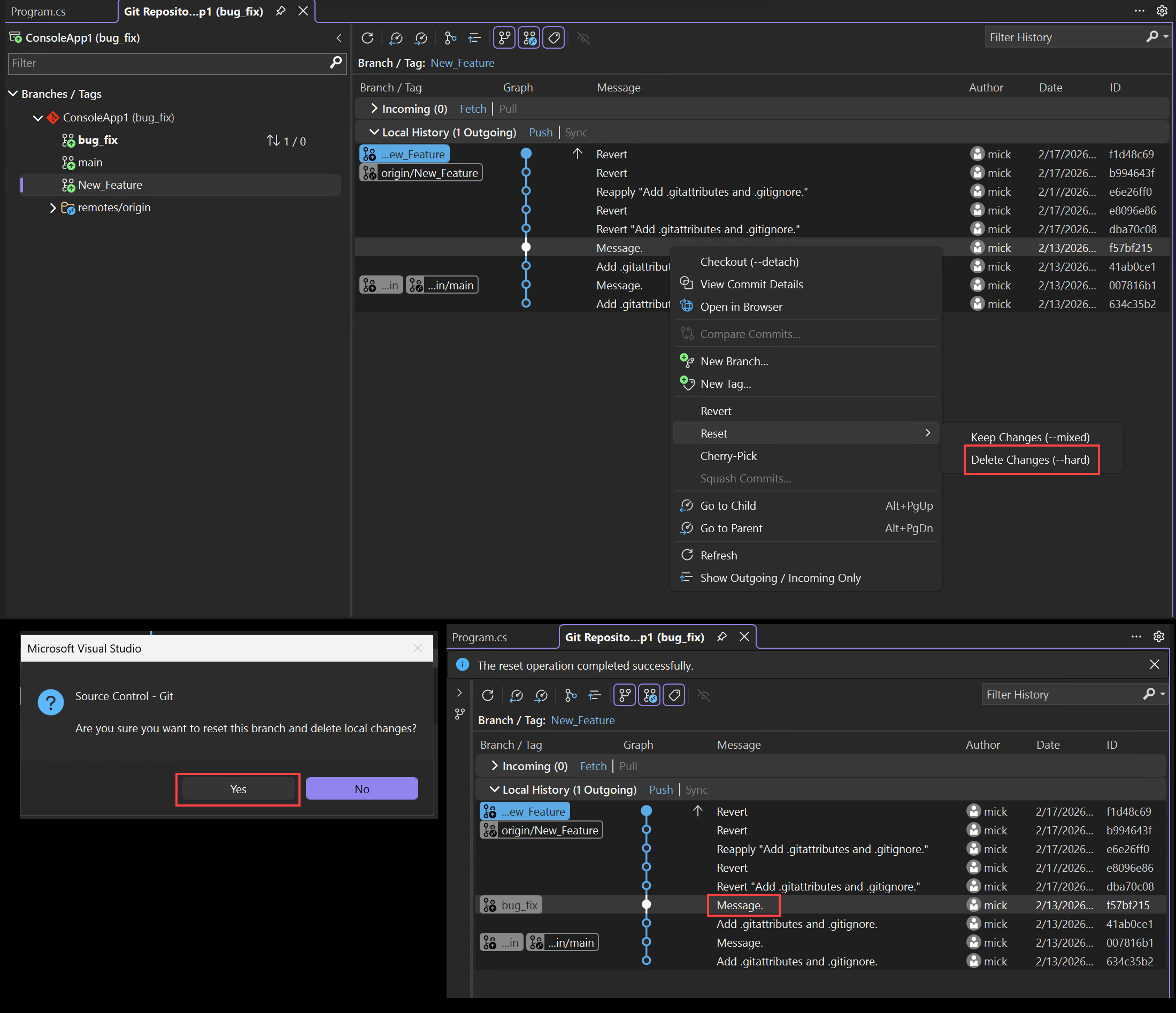 Captura de pantalla que muestra el restablecimiento de una rama en Visual Studio.