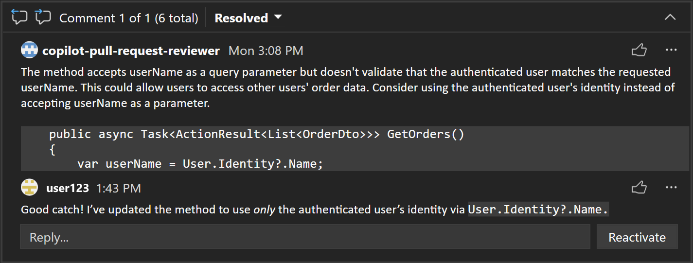 Captura de pantalla de un comentario de PR que muestra el formato Markdown.
