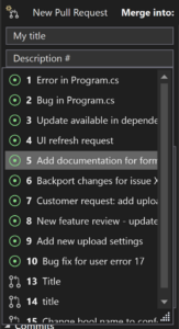 La nueva solicitud de incorporación de cambios con # en el cuadro de descripción y una lista de los problemas de GitHub relacionados y las solicitudes de incorporación de cambios que se muestran en Visual Studio 2022.