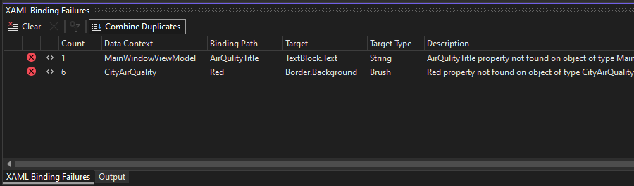 Captura de pantalla de la ventana de herramientas Errores de enlaces XAML.