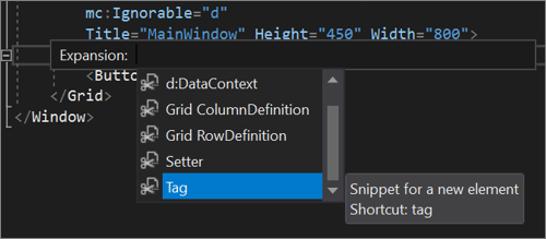El editor de código XAML con opciones de fragmento de código XAML que se muestran en IntelliSense