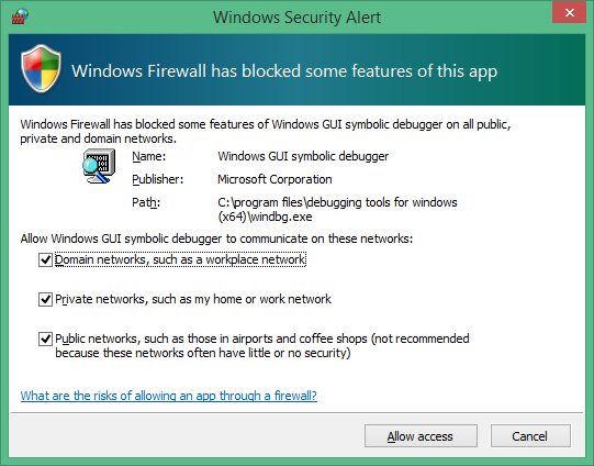 Captura de pantalla de cuadro de diálogo de alerta de seguridad de Windows que indica que el firewall de Windows ha bloqueado algunas características de una aplicación.