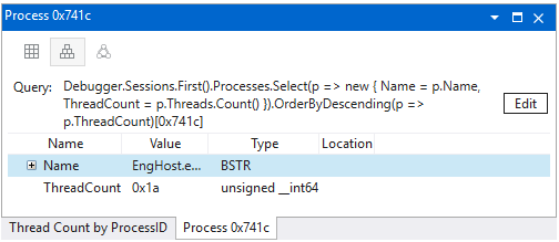 Captura de pantalla de la ventana Modelo de datos que presenta dos pestañas con títulos personalizados en WinDbg.