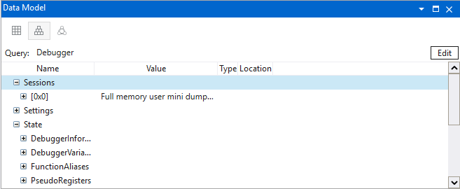 Captura de pantalla de la ventana del modelo de datos en WinDbg con características expandibles y explorables.