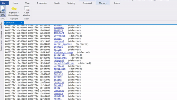 Animación que muestra cómo usar la ventana Comandos en WinDbg, incluidas las columnas resaltadas en amarillo.