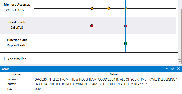 Captura de pantalla de una línea de tiempo en el depurador que muestra la línea de tiempo de acceso a la memoria y la ventana de Locales con un mensaje y un buffer que contiene diferentes valores de cadena.